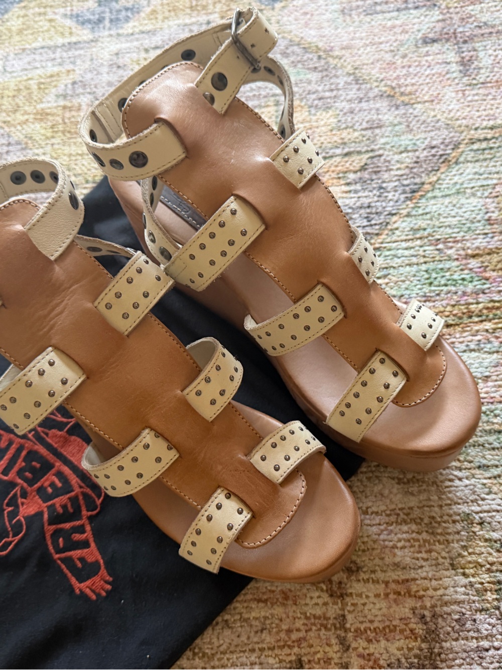 Freebird Winter Studded Leather Gladiator Sandals in Tan & Beige